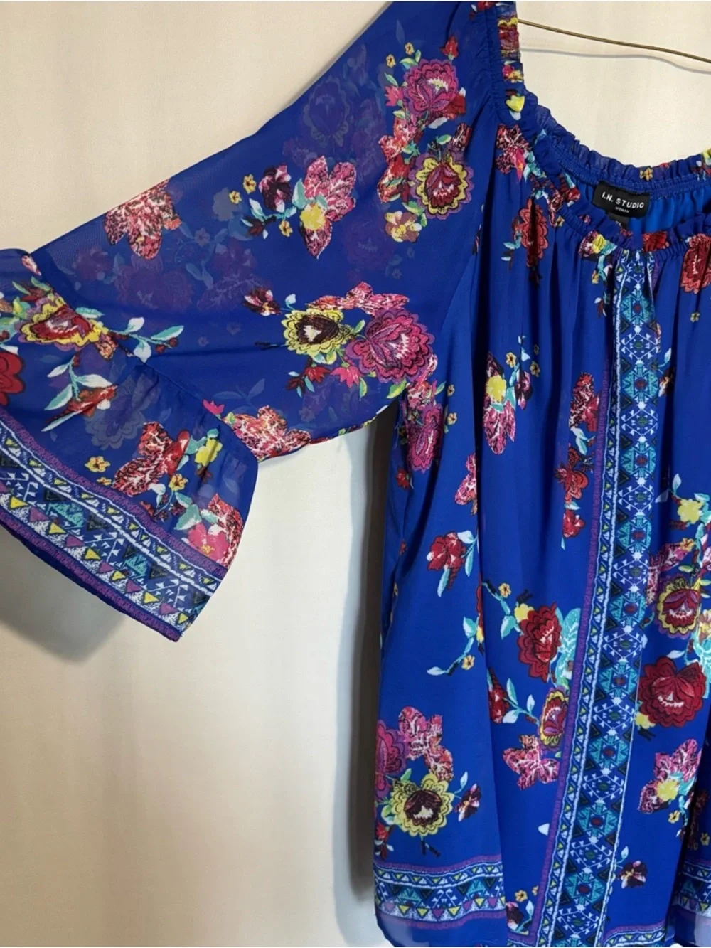 New I.N. Studio Women's 2X Blue Floral Boho Peasant Flowy Blouse - Picture 2 of 7